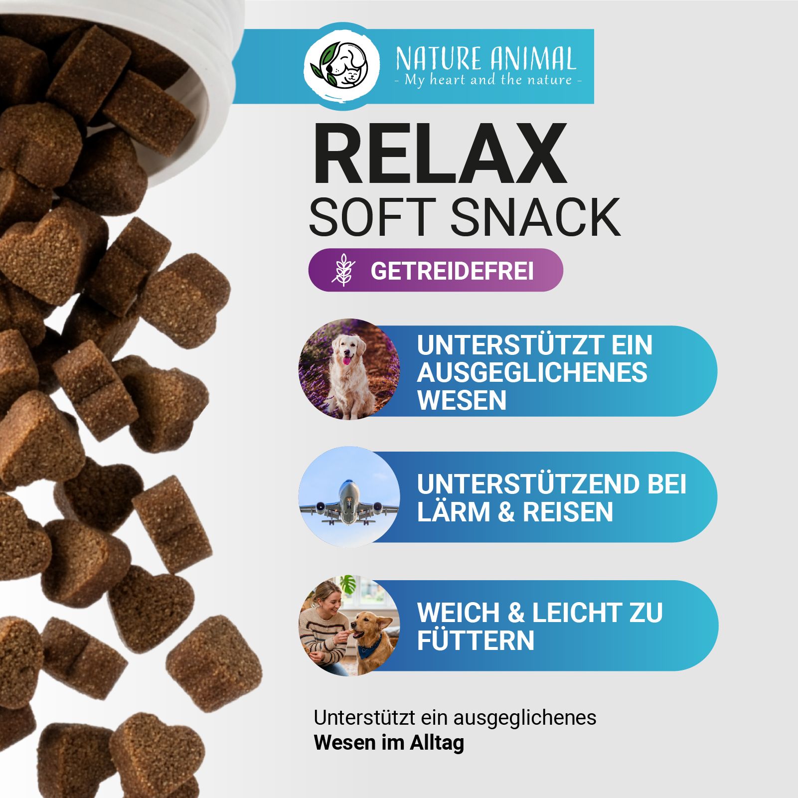 Relax Soft Snack für Hunde, getreidefrei, mit Baldrianwurzel-Extrakt.