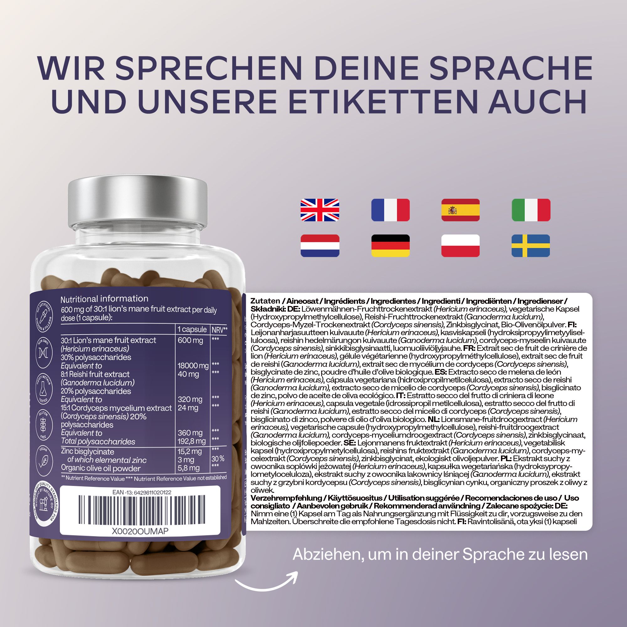Flasche mit Kapseln und Text. Enthält Nährwertangaben in verschiedenen Sprachen. Flaggen: UK, FR, ES, IT, SE, DE, NL.