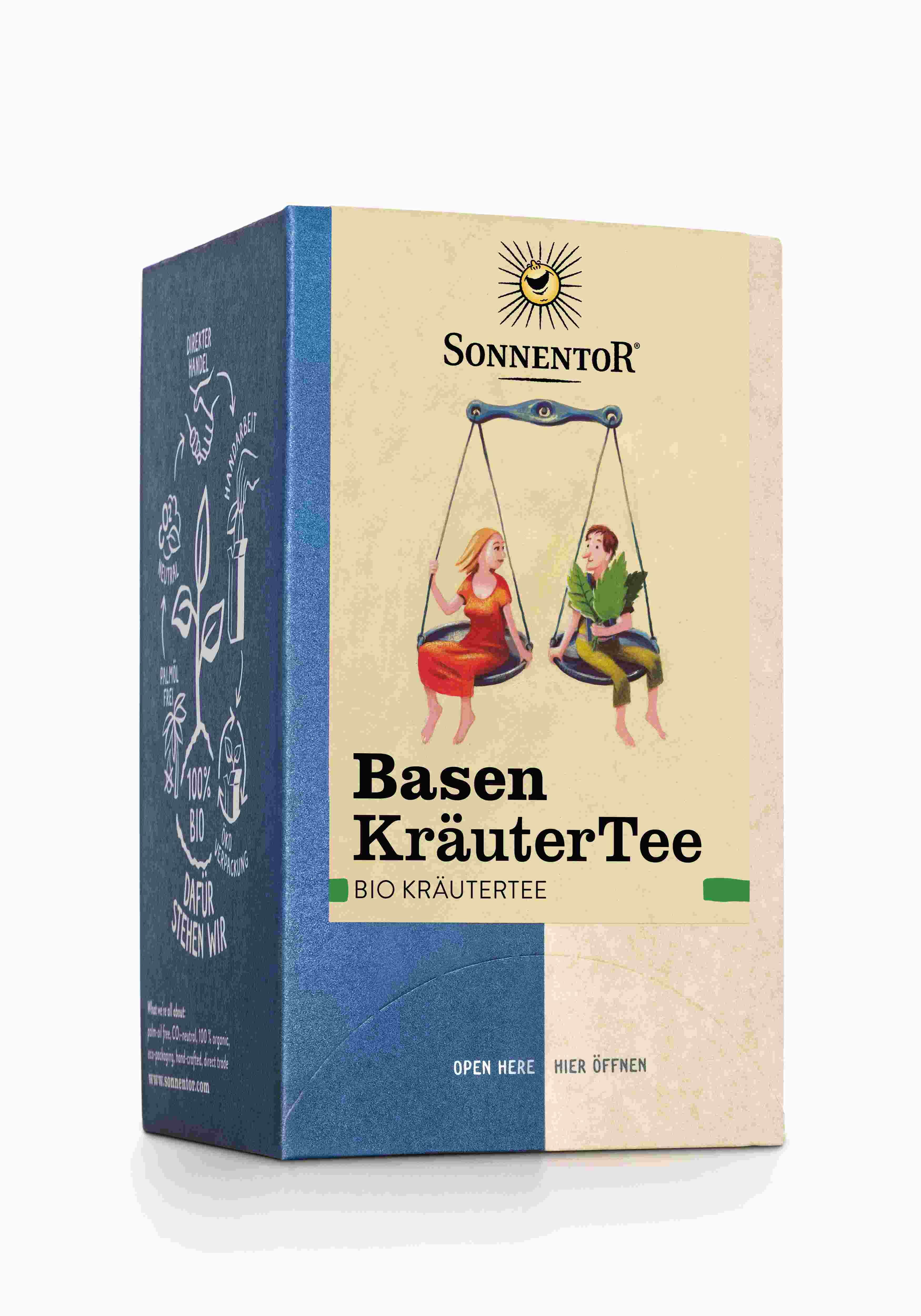 Kräutertee-Verpackung. SonnentoR-Logo, Basen KräuterTee-Schriftzug. Bio-Siegel. Illustration von Personen auf einer Waage.