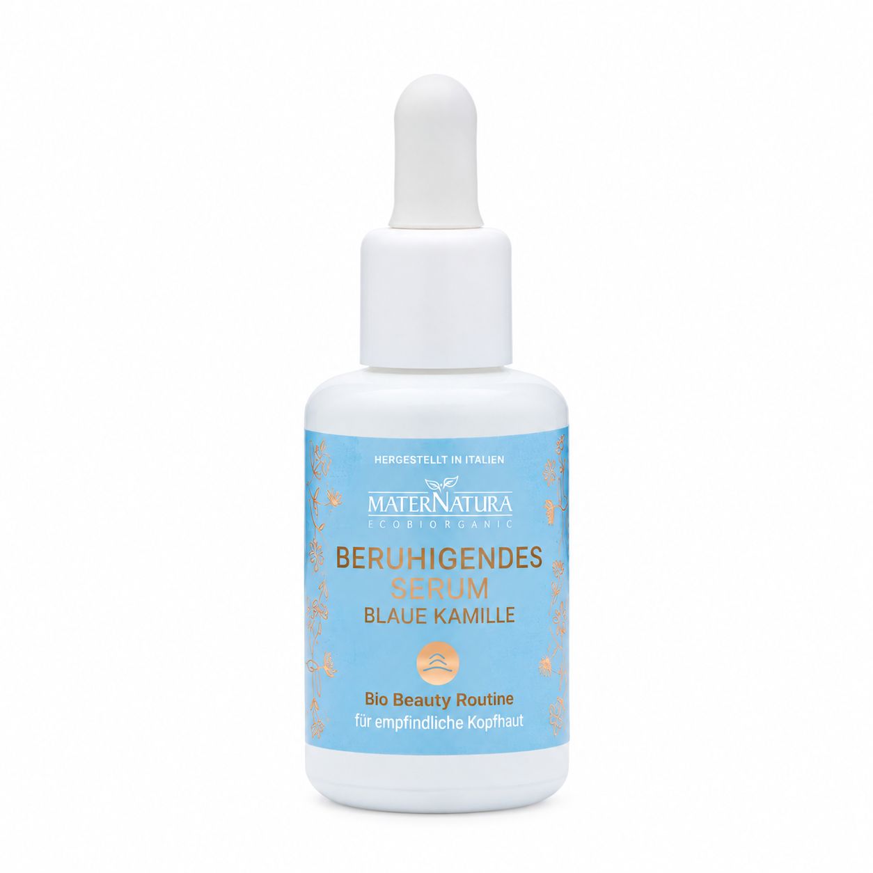 Ein weißer Flakon mit Pipette und der Aufschrift „Beruhigendes Serum Blaue Kamille“.