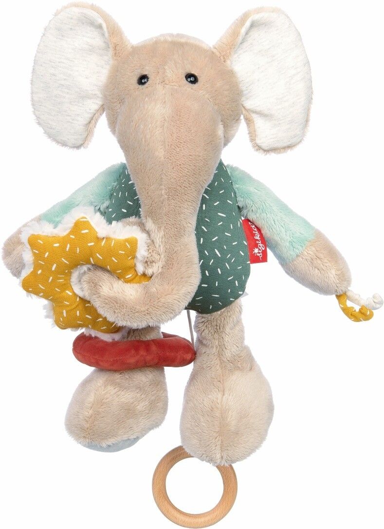 Plüschelefant mit Stern und Ring. Grün-blaues Oberteil, roter Ring. Holzring am Fuß. SIGIKID-Label.