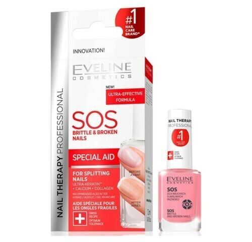Nagelpflegeprodukt mit Verpackung. Aufschrift: SOS für brüchige Nägel. Marke Eveline Cosmetics. Enthält Ultra-Keratin, Calcium und Collagen. Mit roter Kappe.