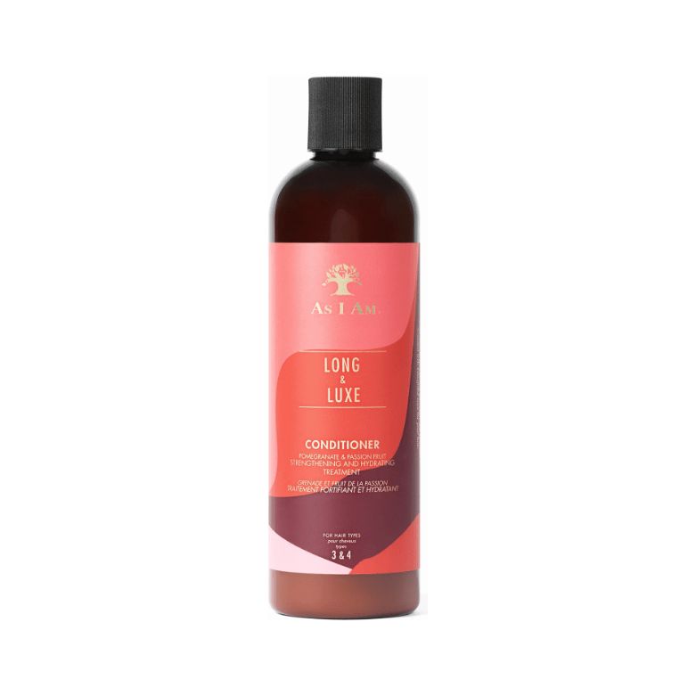 Flasche mit schwarzem Deckel. Aufschrift: As I Am, Long & Luxe Conditioner. Rosa, rote und braune Farbtöne.