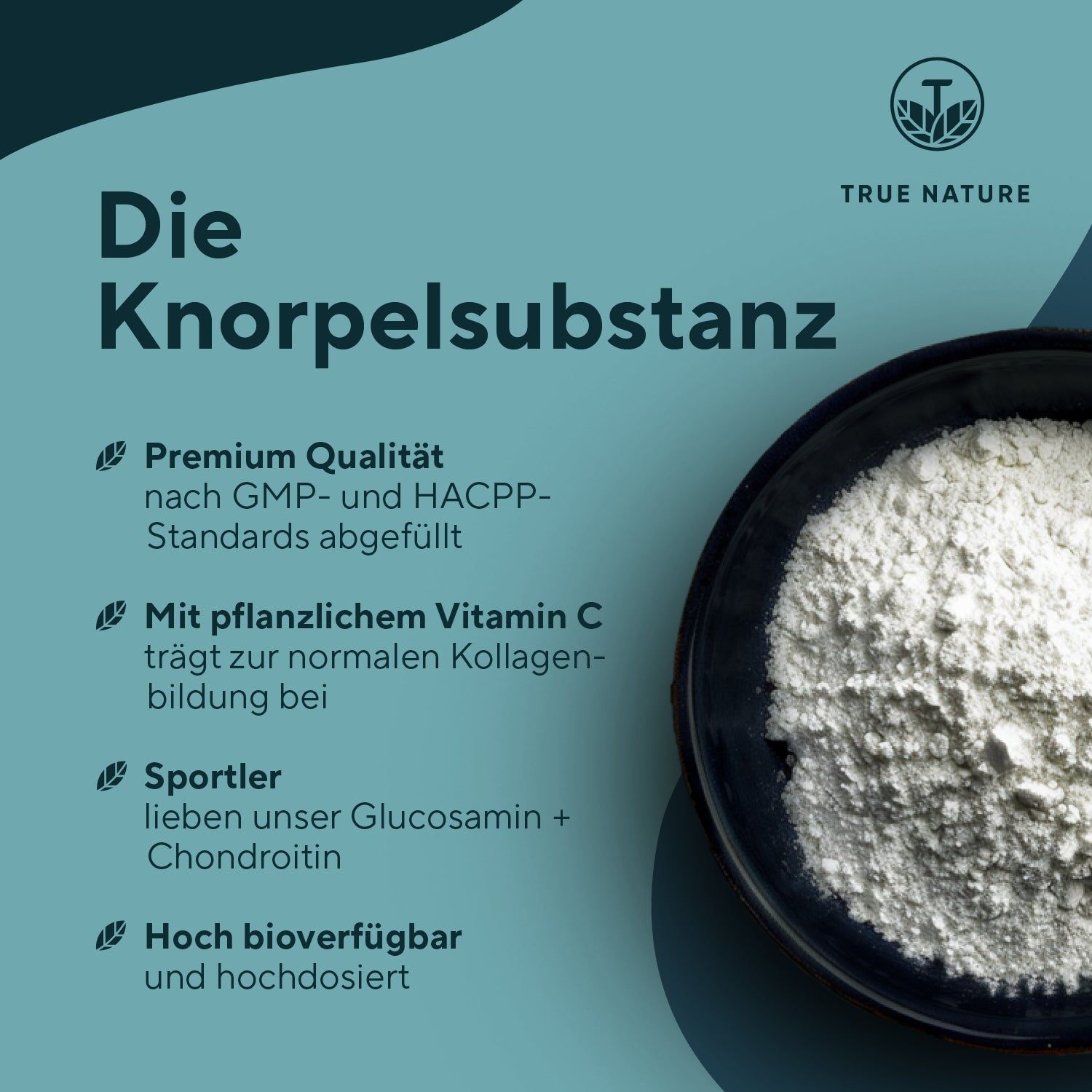 Schwarze Schale mit weißem Pulver. Text: Premium Qualität, mit pflanzlichem Vitamin C, für Sportler, hoch bioverfügbar.