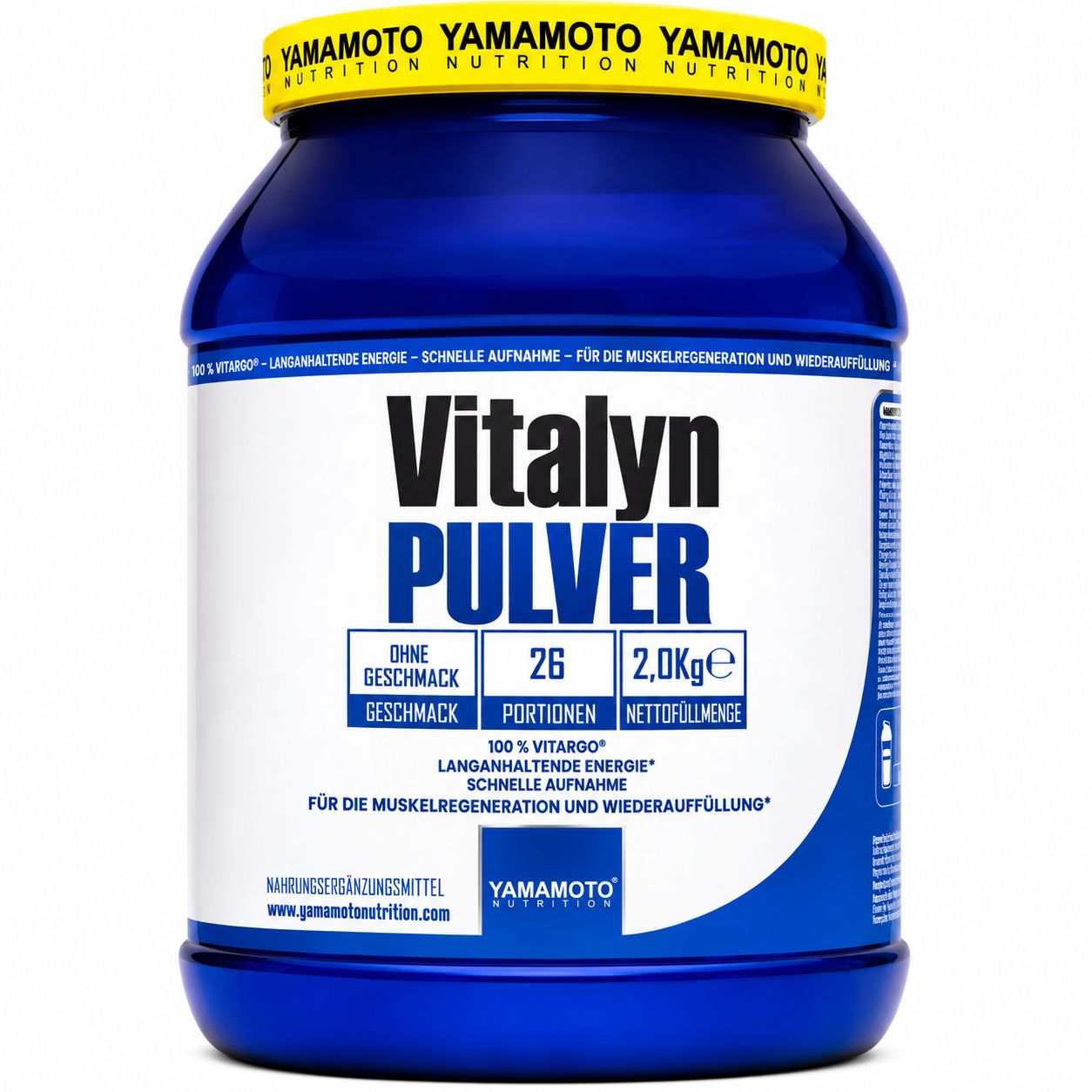 Blauer Behälter Vitalyn Pulver von Yamamoto Nutrition, 2,0 kg, geschmacksneutral.