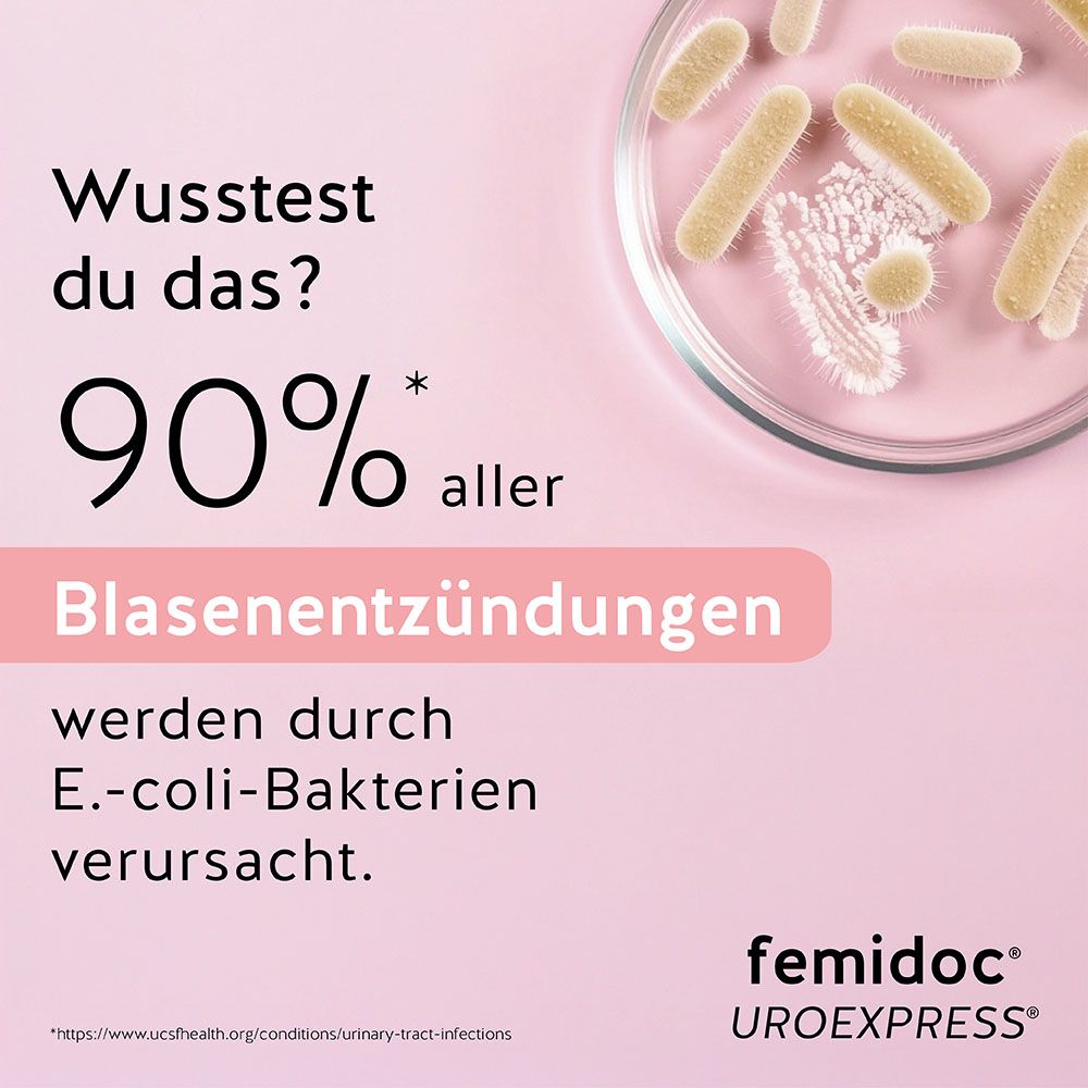 femidoc® UROEXPRESS® Packung. Rosa-weiße Schachtel mit Produktinformationen und Logo. 14 Beutel.