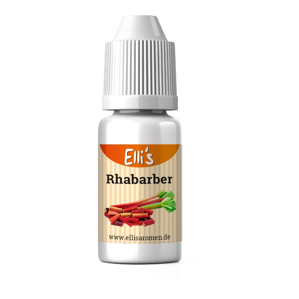 Fläschchen mit weißem Deckel. Etikett mit "Elli's Rhabarber" und Rhabarber-Illustration. www.ellisaromen.de.