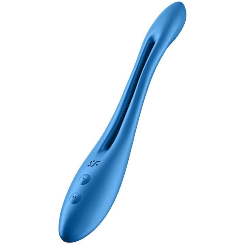 Blauer Vibrator. Geschwungene Form. Zwei Knöpfe und Logo.