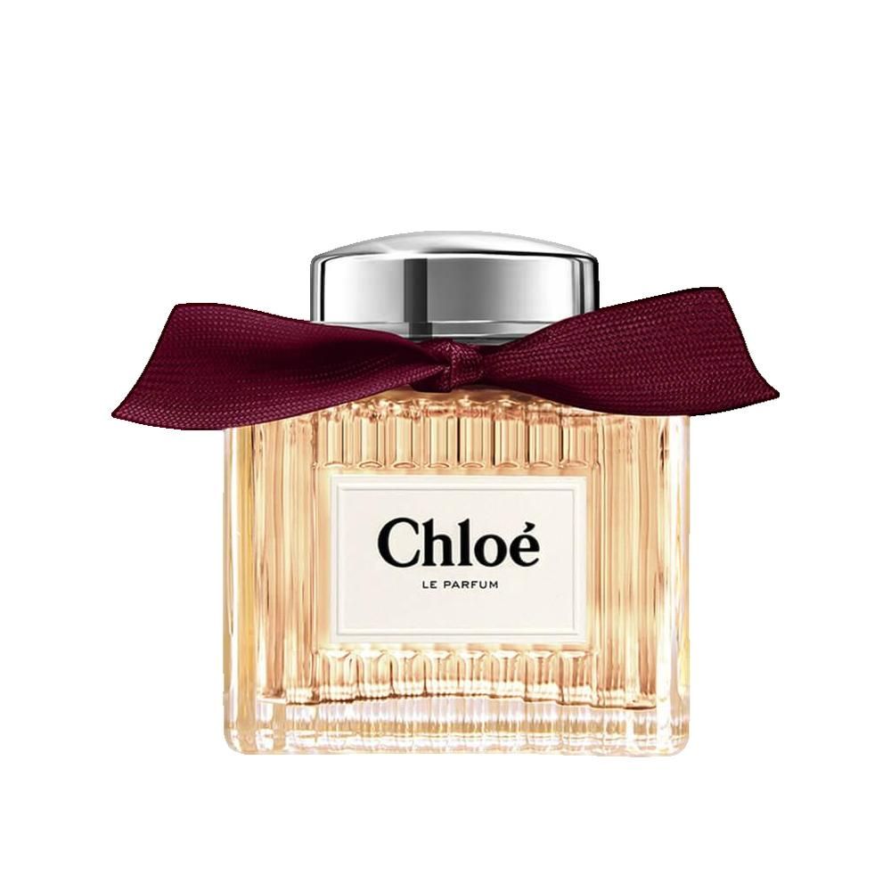 Quadratischer Flakon mit silbernem Deckel und Schleife. Aufschrift "Chloé Le Parfum".