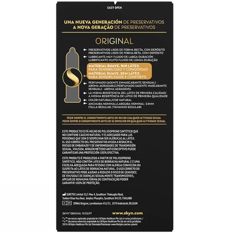Rückseite der SKYN Original Kondompackung. Informationen zu Material, Größe und Eigenschaften.