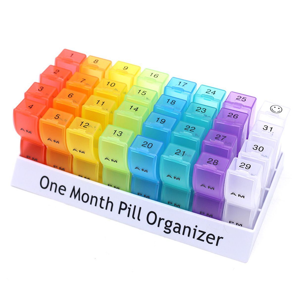 Medikamenten-Organizer für einen Monat. Farbige, nummerierte Fächer für AM/PM. Text: One Month Pill Organizer.