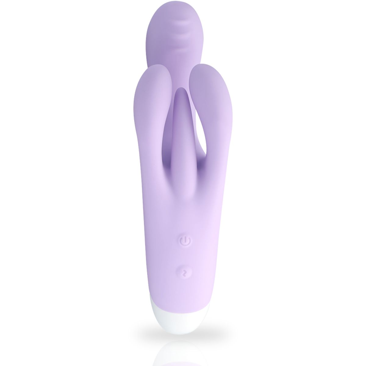 Lila Vibrator mit drei Armen und einem weißen Sockel. Zwei Knöpfe sind sichtbar. Das Produkt ist auf weißem Hintergrund.