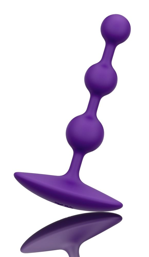 Lila Analperlen mit drei Kugeln und einem flachen, ovalen Sockel. Schräge Ansicht mit Reflexion.