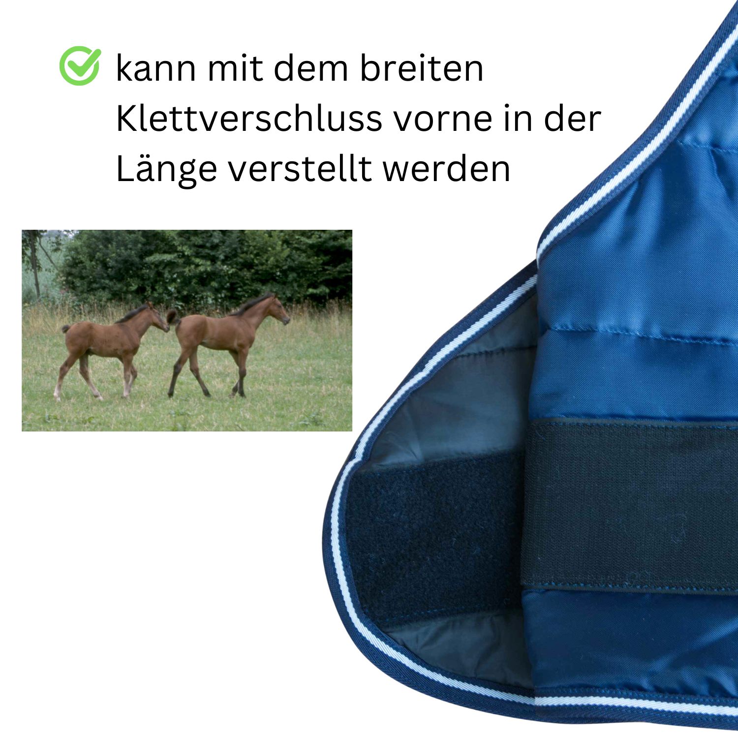 Detail der AMKA Fohlendecke LERUM. Klettverschluss vorne in der Länge verstellbar.