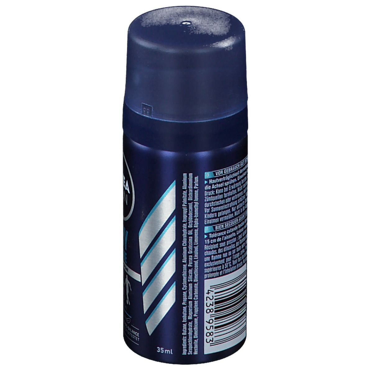 Rückseite der NIVEA MEN Dry Active Sprühdose. Inhaltsstoffe, Barcode, 35ml. Text in Deutsch.