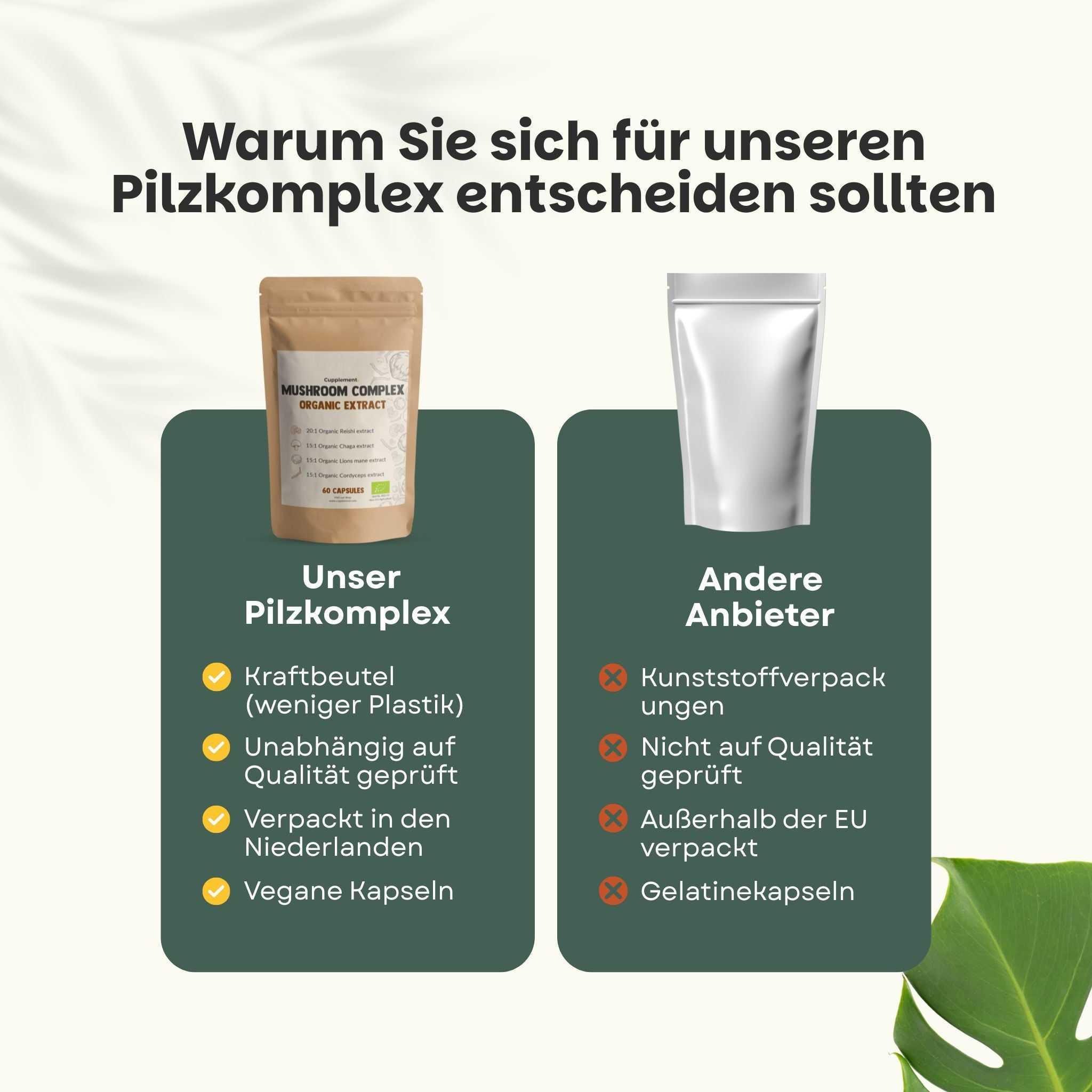 Vergleich: Cupplement Mushroom Complex Beutel vs. andere Anbieter. Text: Kraftbeutel, vegane Kapseln.