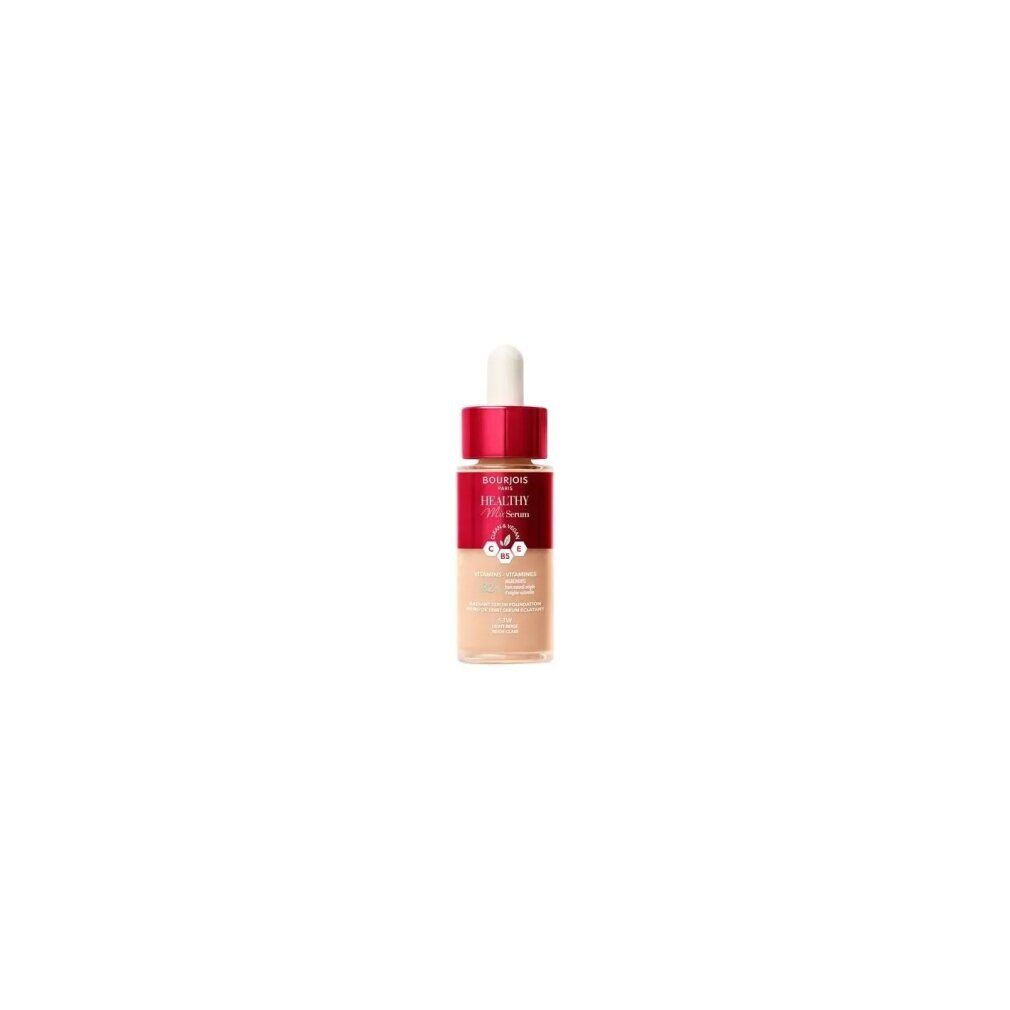Fläschchen mit Serum-Foundation. Beige Flüssigkeit, roter Deckel, weißer Applikator. Aufschrift nicht lesbar.