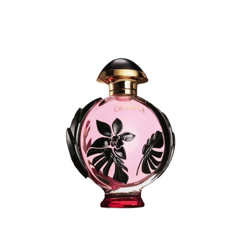 Runder Glasflakon mit rosa Parfüm, schwarzen Blattmotiven und goldenem Verschluss.
