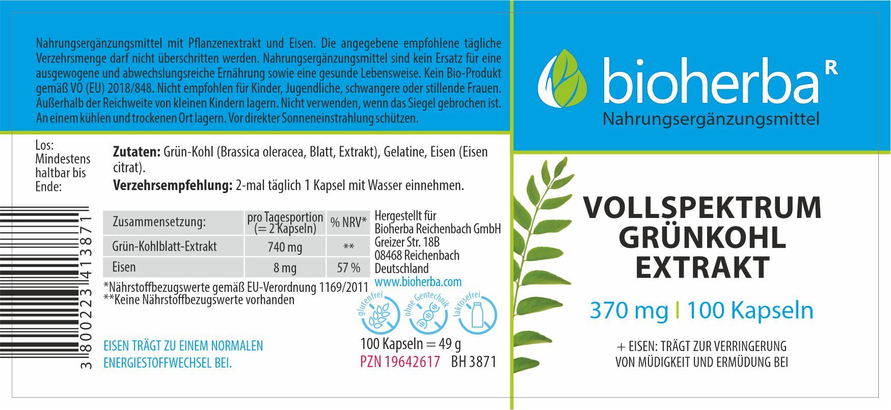Etikett mit Produktinformationen. Enthält Text: Bioherba, Vollspektrum Grünkohl Extrakt, 370 mg, 100 Kapseln. Mit Inhaltsangaben und Nährwertangaben.