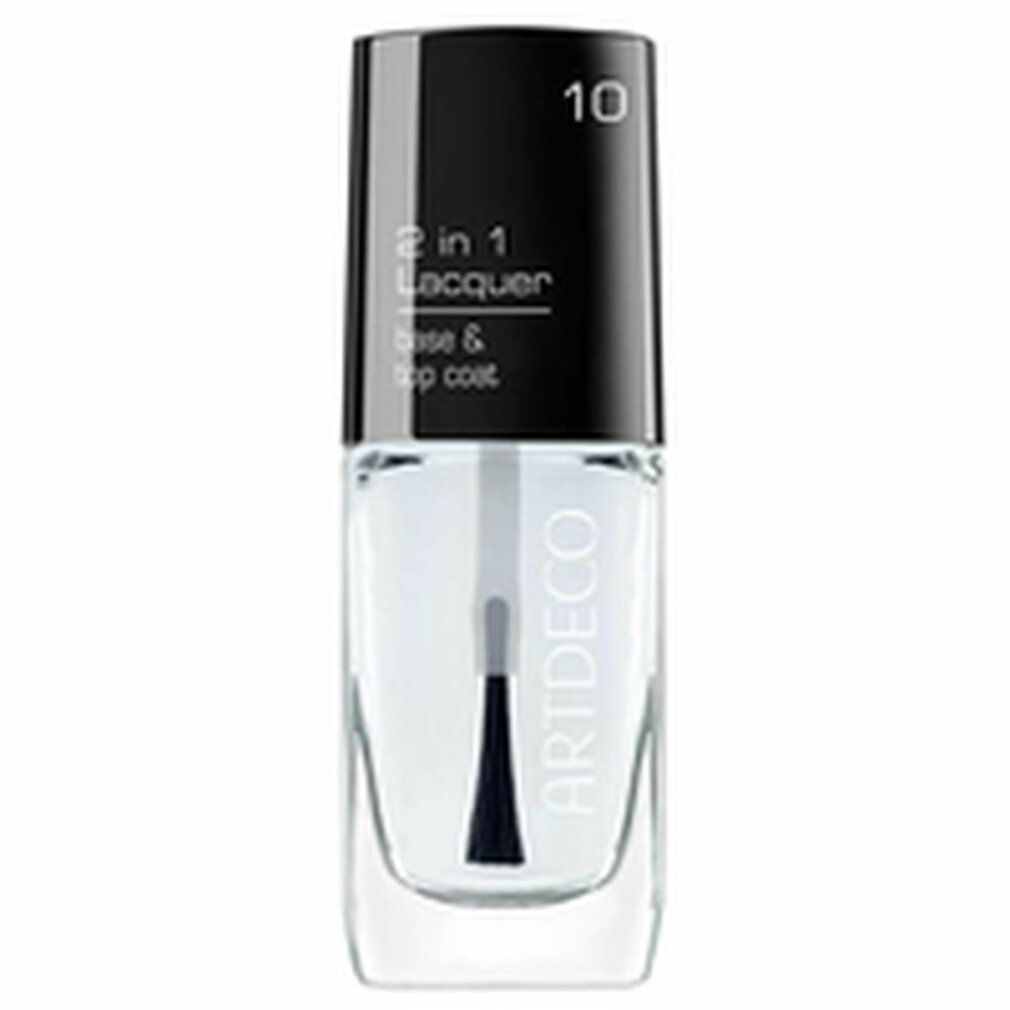 Klare Nagellackflasche mit schwarzem Deckel. Beschriftung: 2 in 1 Lacquer, base & top coat. Marke: Artdeco. Nummer 10.