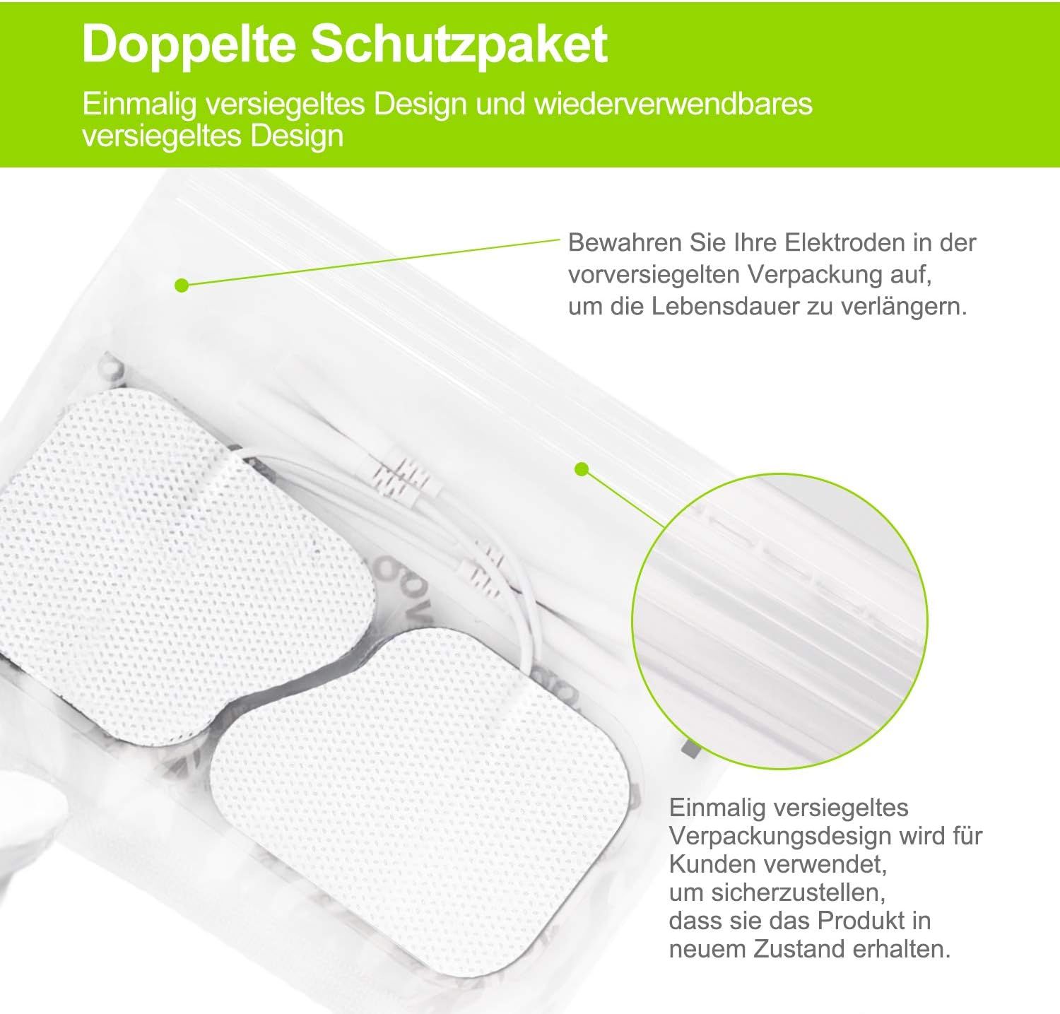 Elektrodenpads in wiederverschließbarer Verpackung für Langlebigkeit.