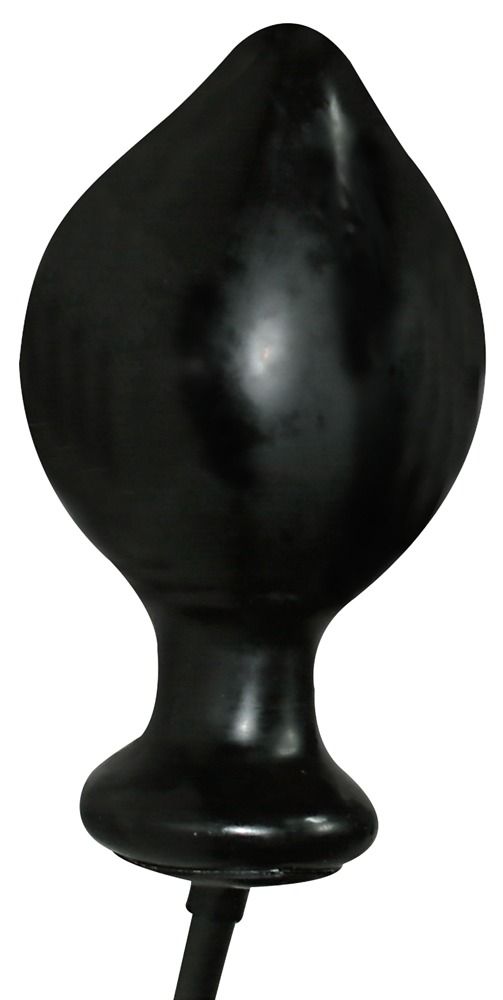 Schwarzer Analplug. Konische Form mit breiter Basis. Schwarzer Schlauchanschluss an der Basis.