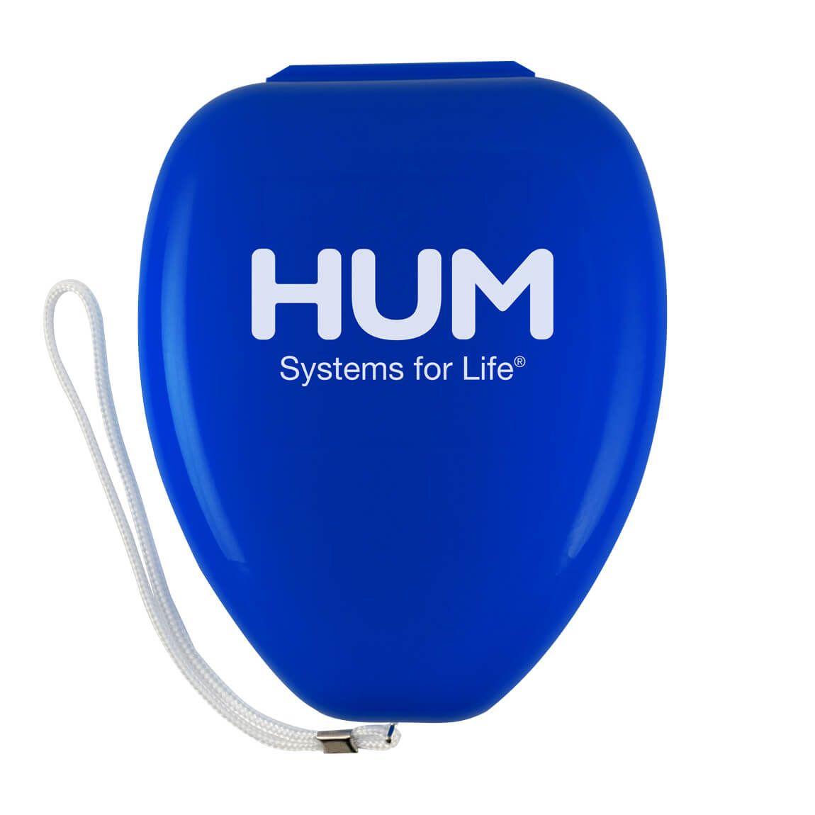 Blaue Aufbewahrungsbox mit weißem Band und HUM-Logo.