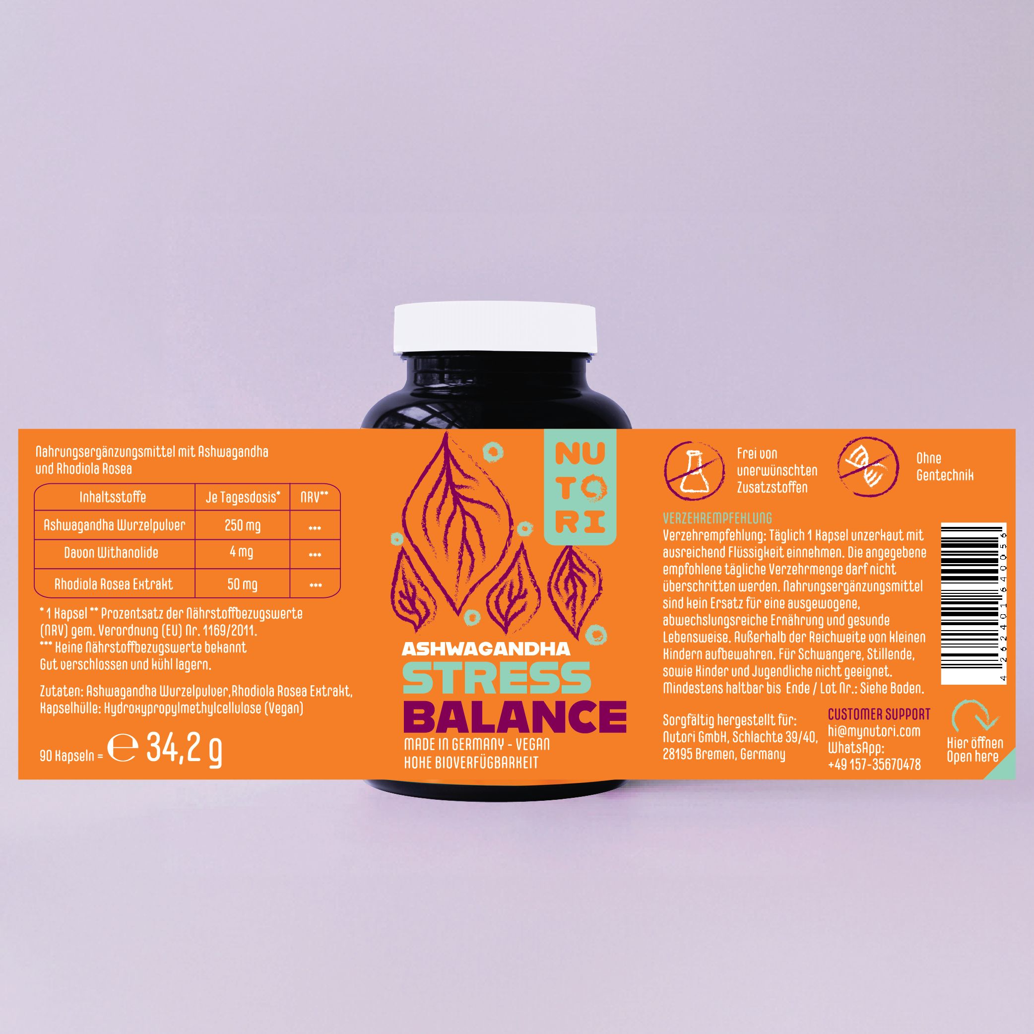 Braune Flasche mit weißem Deckel und orangefarbener Verpackung. Aufschrift: Nutori Ashwagandha Stress Balance. 90 Kapseln, 34,2g.