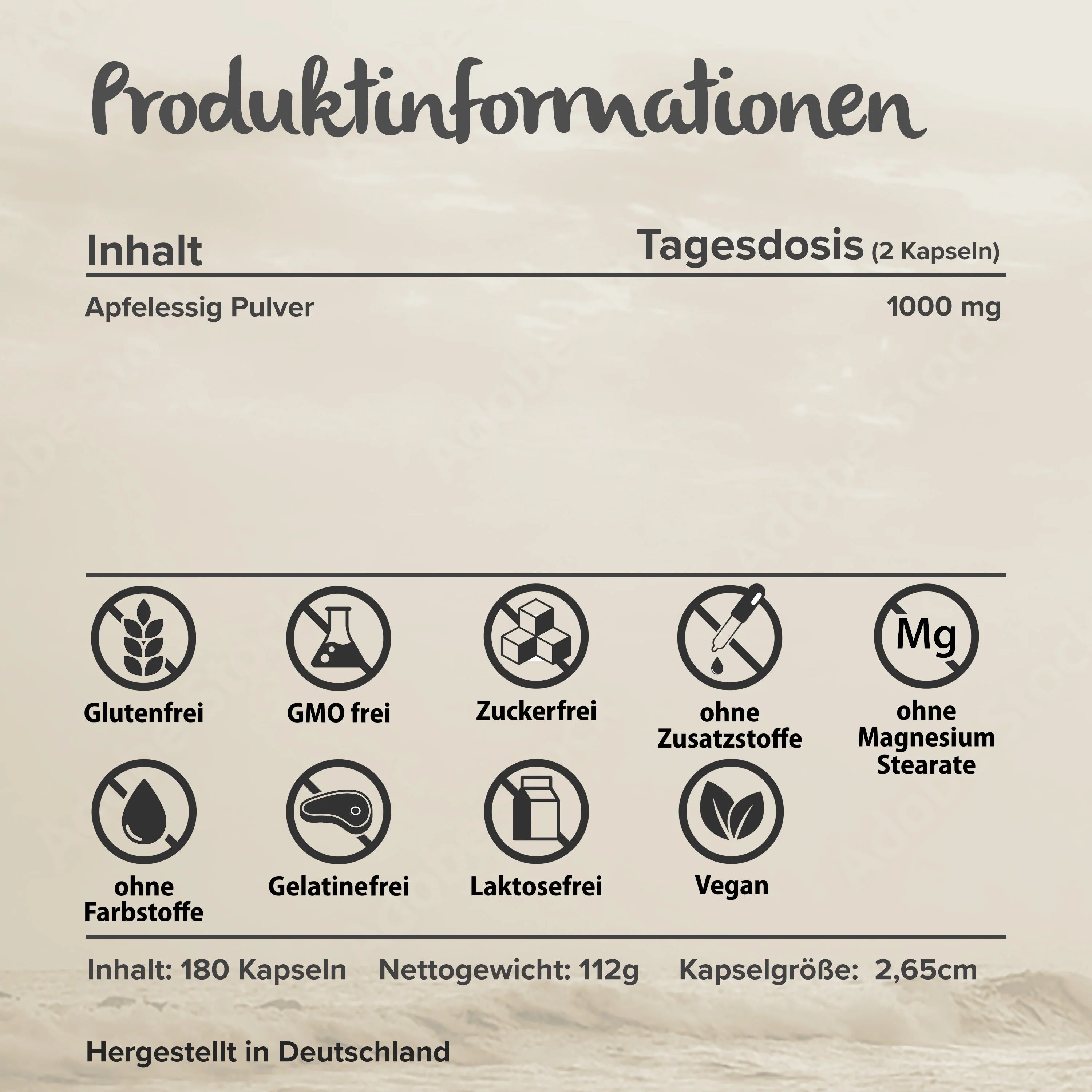 Infotafel mit Produktinformationen. Enthält Angaben zu Inhalt, Tagesdosis und Zertifizierungen.