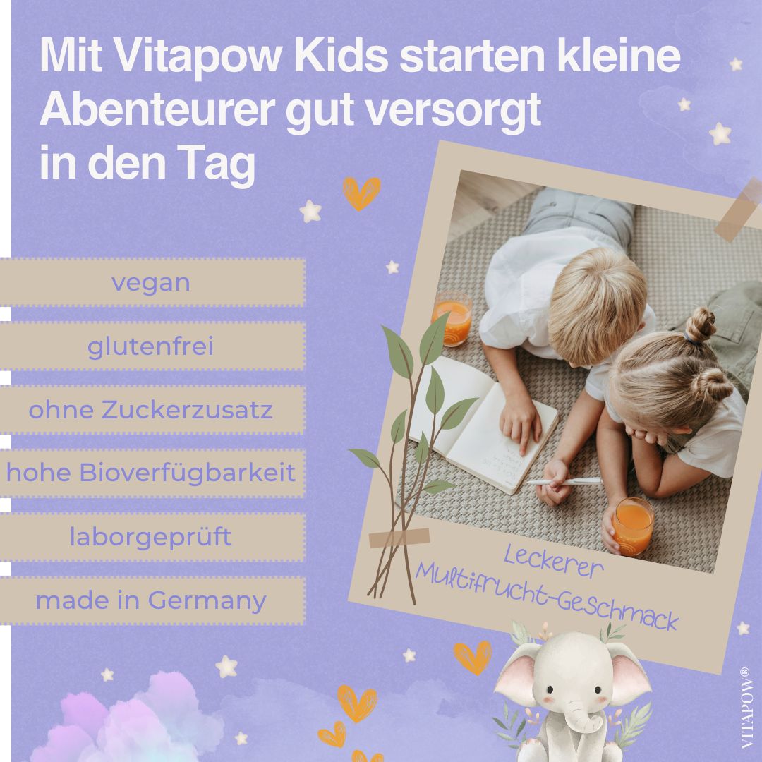 Vitapow Kids: vegan, glutenfrei, ohne Zuckerzusatz, laborgeprüft, made in Germany.