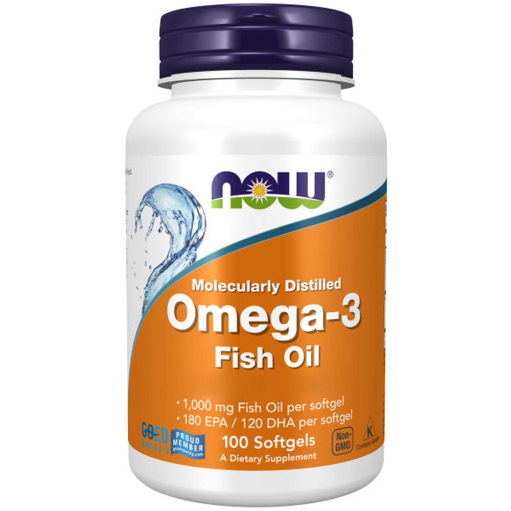 Weiße Flasche mit blauem Deckel. Aufschrift: Molecularly Distilled Omega-3 Fischöl. 100 Softgels. NOW Logo.