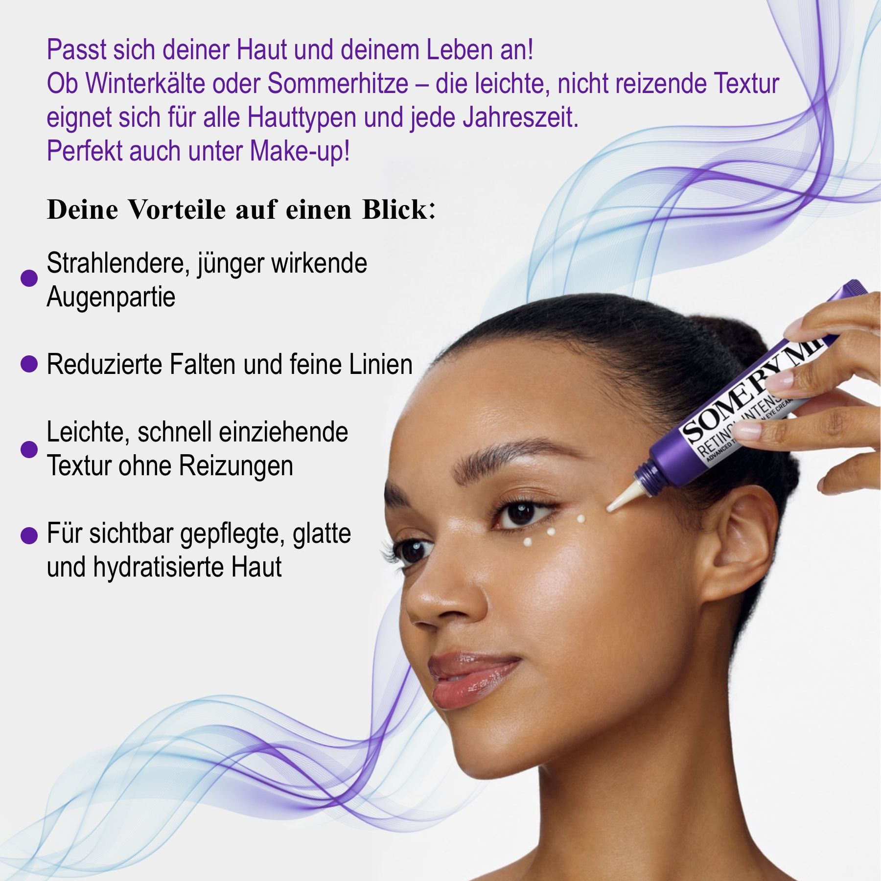 Frau trägt Creme auf. Tube mit Text: SOME BY MI RETINOL INTENSE. Punkte Creme um Augen.