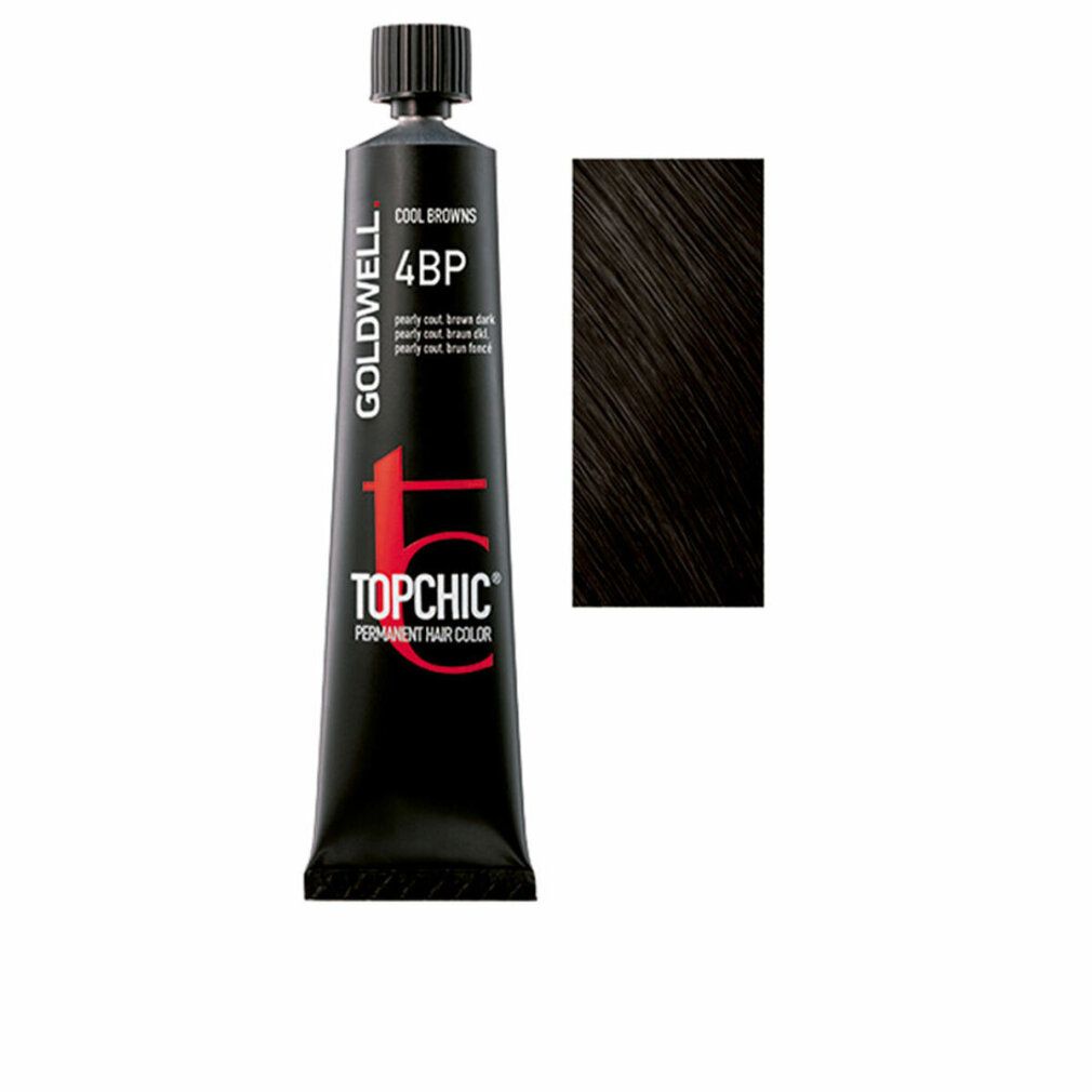 Schwarze Tube mit schwarzem Deckel und Farbmuster. Aufschrift: Goldwell Topchic Permanent Hair Color 4BP.