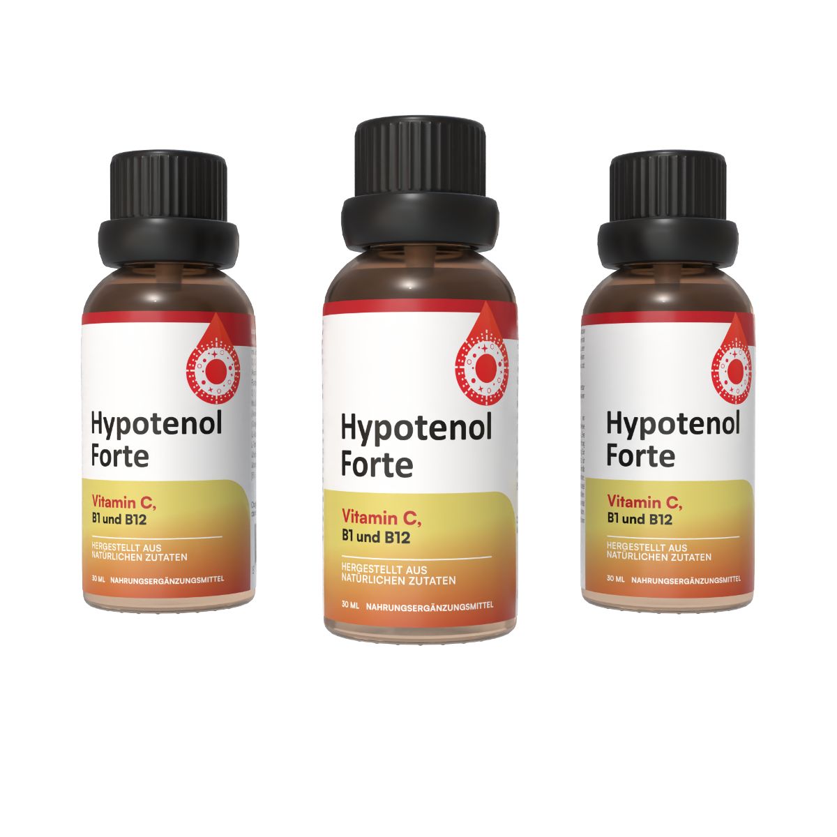 Drei Flaschen Hypotenol Forte mit Vitamin C, B1 und B12.