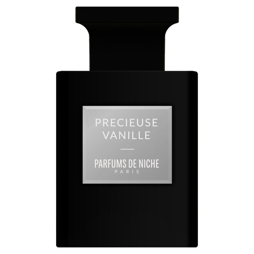 Schwarzer Flakon mit quadratischem Etikett. Aufschrift: PRECIEUSE VANILLE, PARFUMS DE NICHE PARIS.