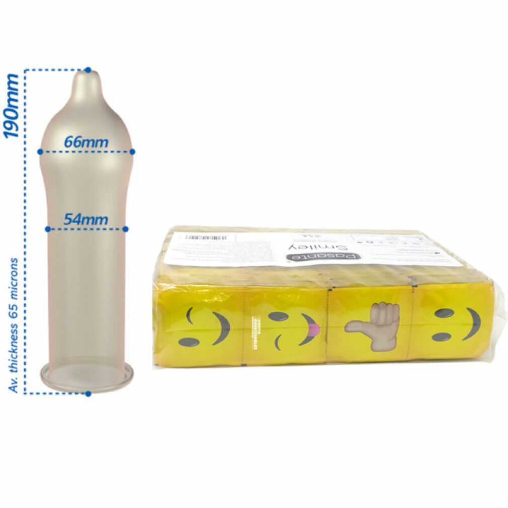 Kondom mit Maßen und Packung mit Smiley-Kondomen. Kondom transparent, Packung gelb mit Smiley-Gesichtern.
