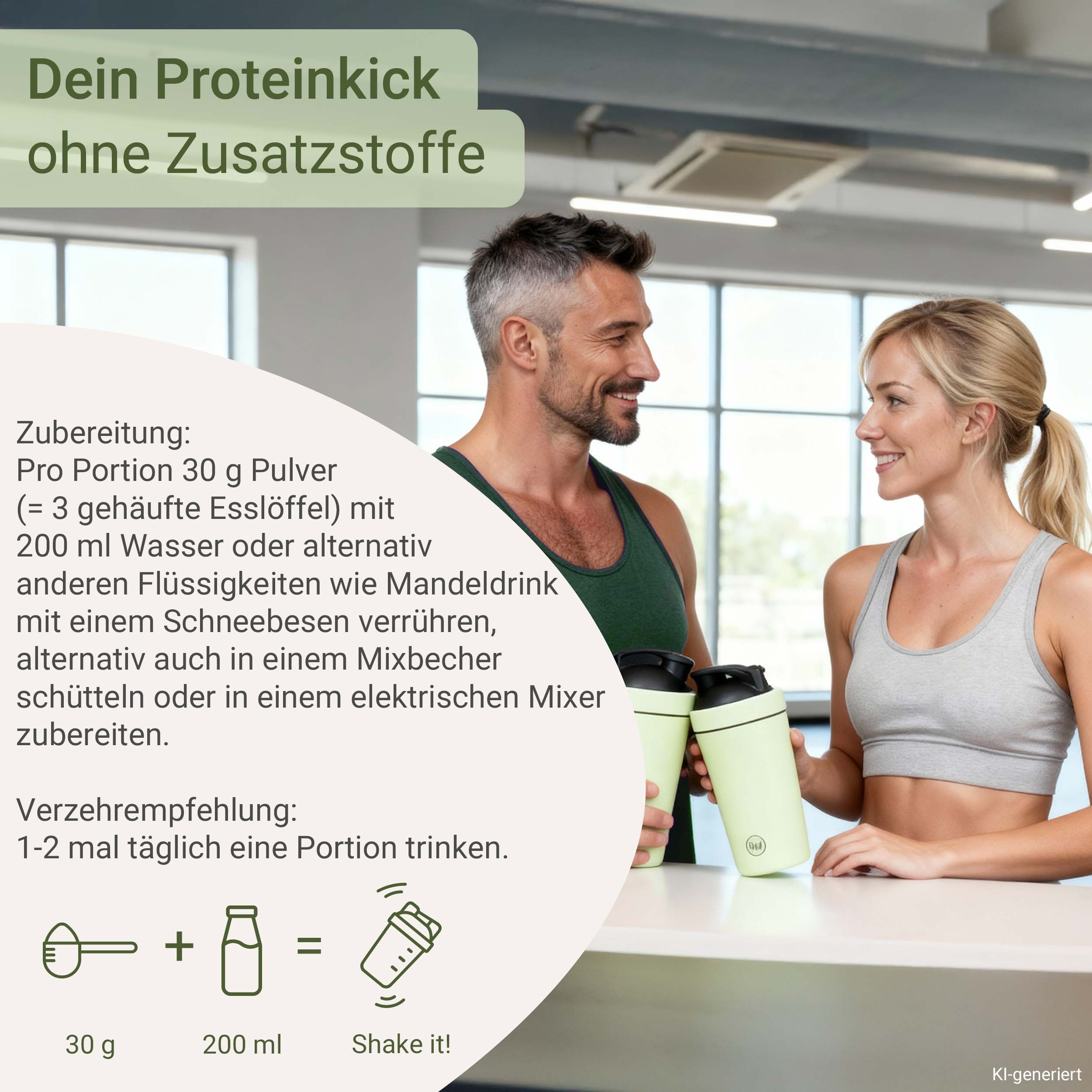 Mann und Frau mit Shakern im Fitnessstudio. Zubereitung: 30g Pulver mit 200ml Flüssigkeit mischen. Verzehrempfehlung: 1-2 Portionen täglich.
