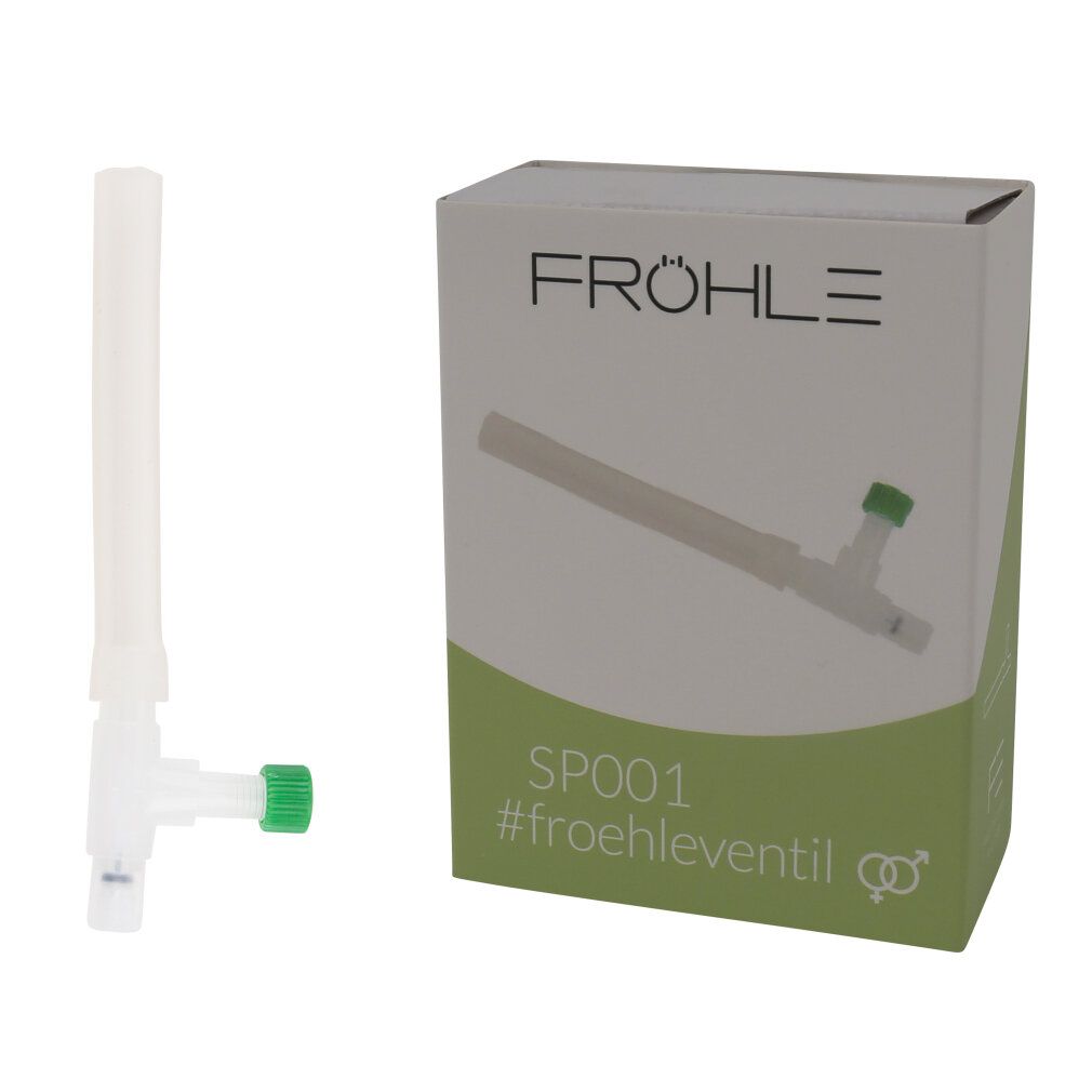 Fröhle SP001 Ventil neben seiner weißen Kartonverpackung mit grünen Akzenten.