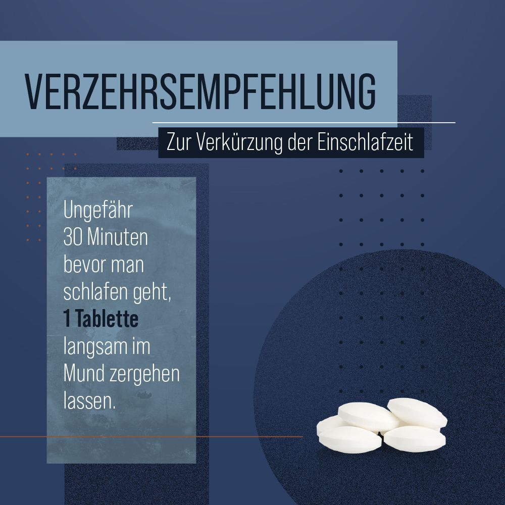 Grafik mit dem Wort VERZEHRSEMPFEHLUNG. Zeigt Tabletten und Text: 1 Tablette langsam im Mund zergehen lassen.