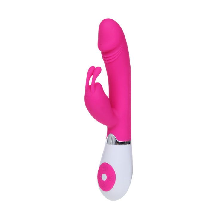 Rosa-weißer Vibrator. Gebogene Form, mit Kopf und seitlichem Element. Auf weißem Hintergrund.