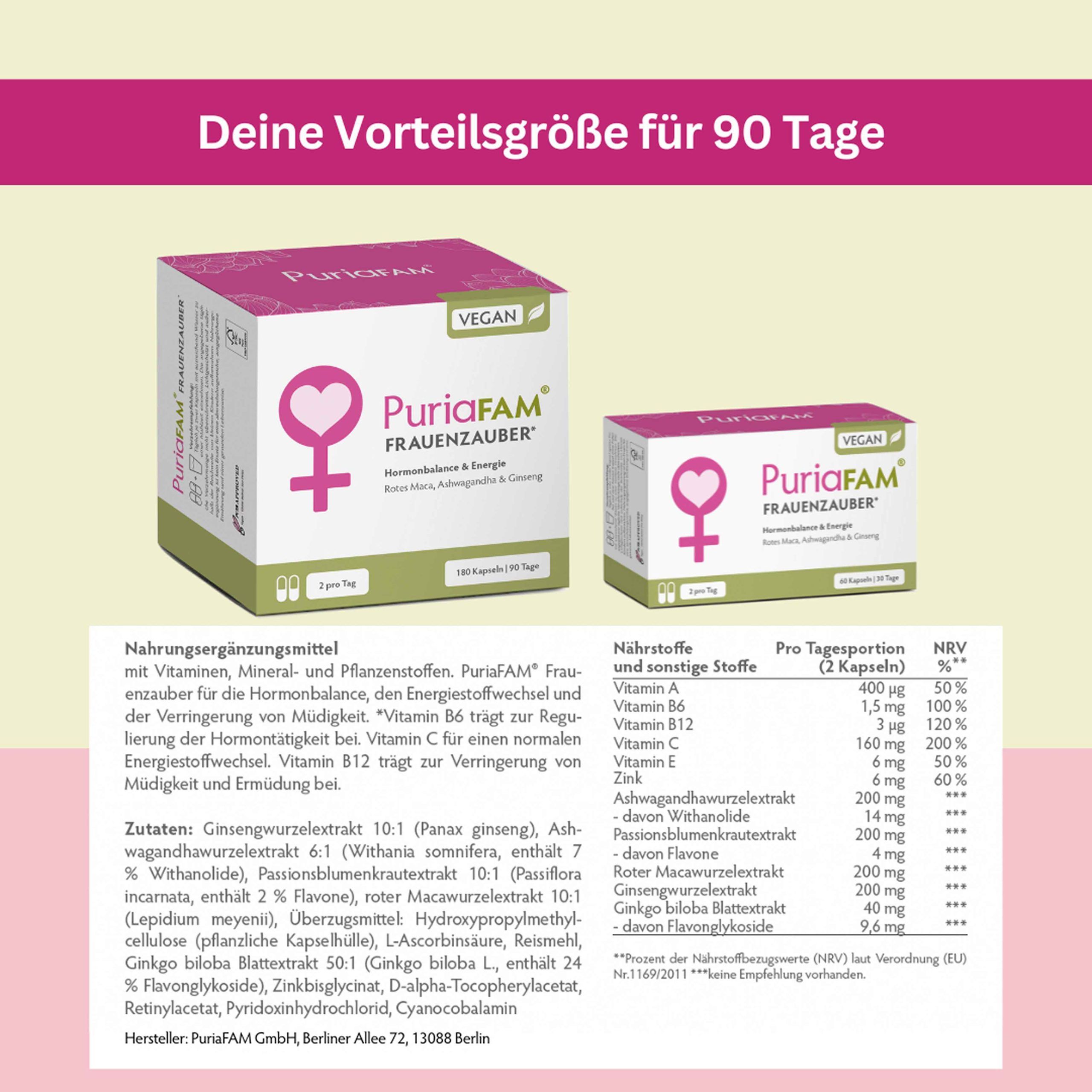 Zwei Produktboxen. Aufschrift: PuriaFAM Frauenzauber. Text: Deine Vorteilgröße für 90 Tage. Nährwerttabelle.