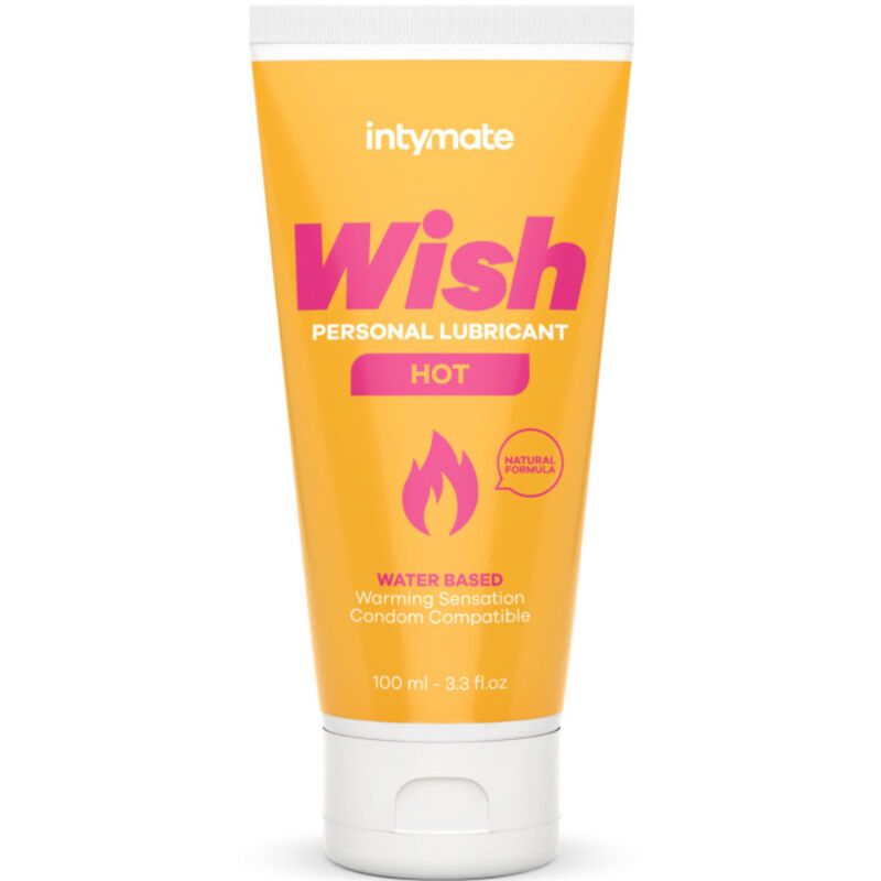 Gelbe Tube mit "Intymate Wish Hot" Aufdruck. Enthält eine Flammen-Grafik und Text: "Water Based".