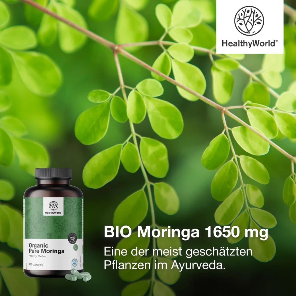 Werbung mit Flasche und Blättern. Flasche: BIO Moringa 1650 mg. Logo: HealthyWorld. Text: Eine der meist geschätzten Pflanzen im Ayurveda.