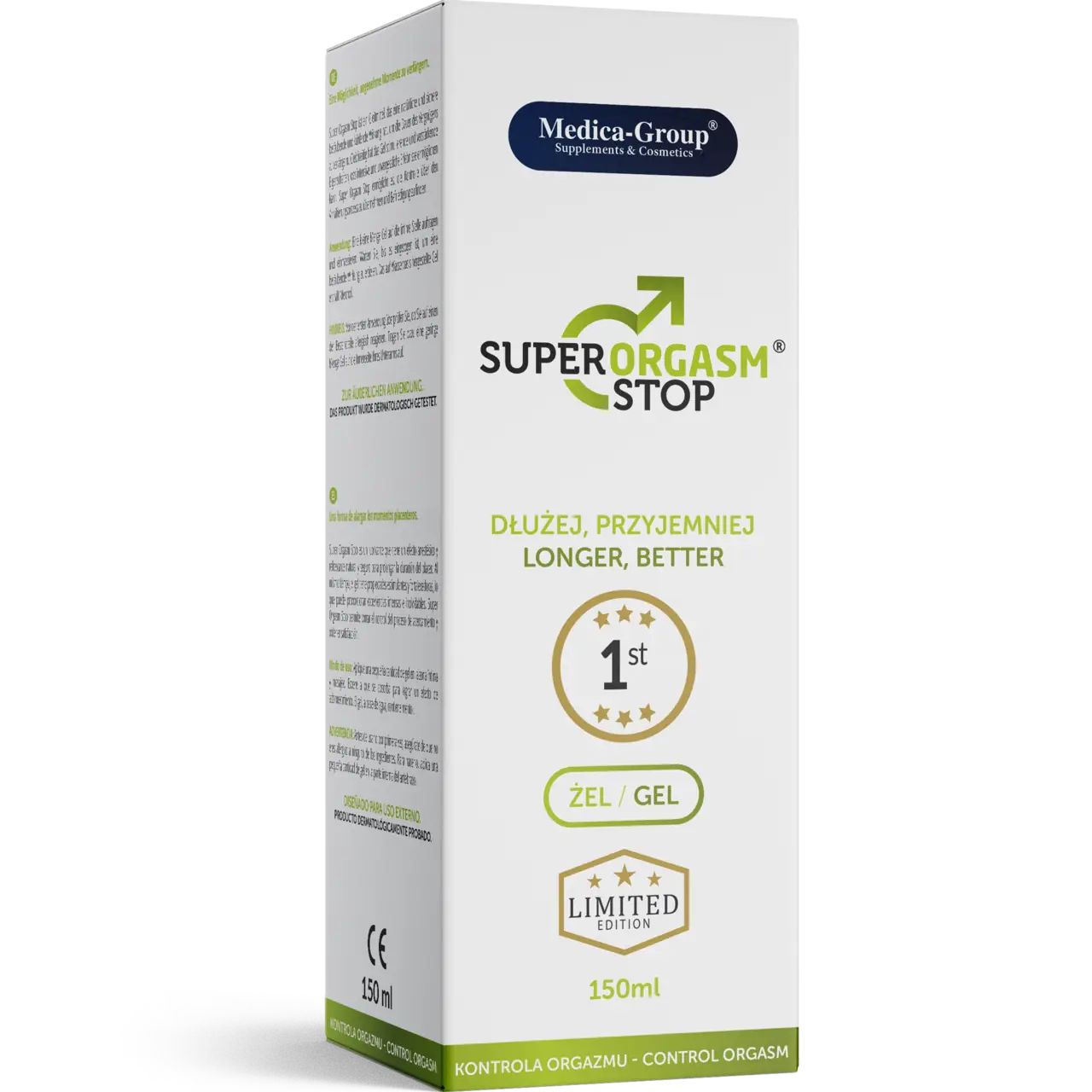 Weiße Verpackung mit Aufschrift: Super Orgasm Stop, 1st, Limited Edition. CE-Zeichen. 150ml.