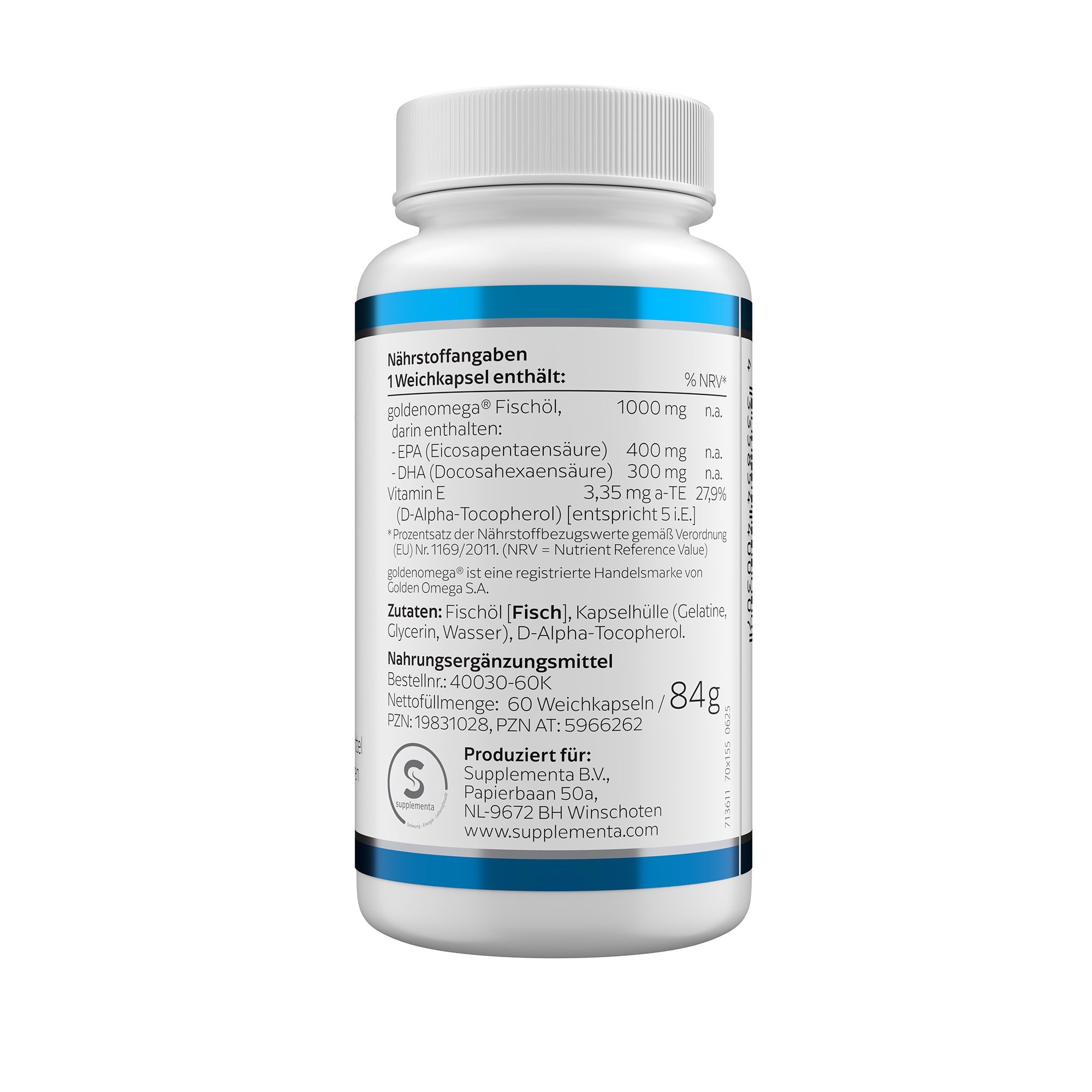 Rückseite einer weißen Flasche. Enthält Nährwertangaben, Zutaten und Herstellerinformationen. 84g. Nahrungsergänzungsmittel.