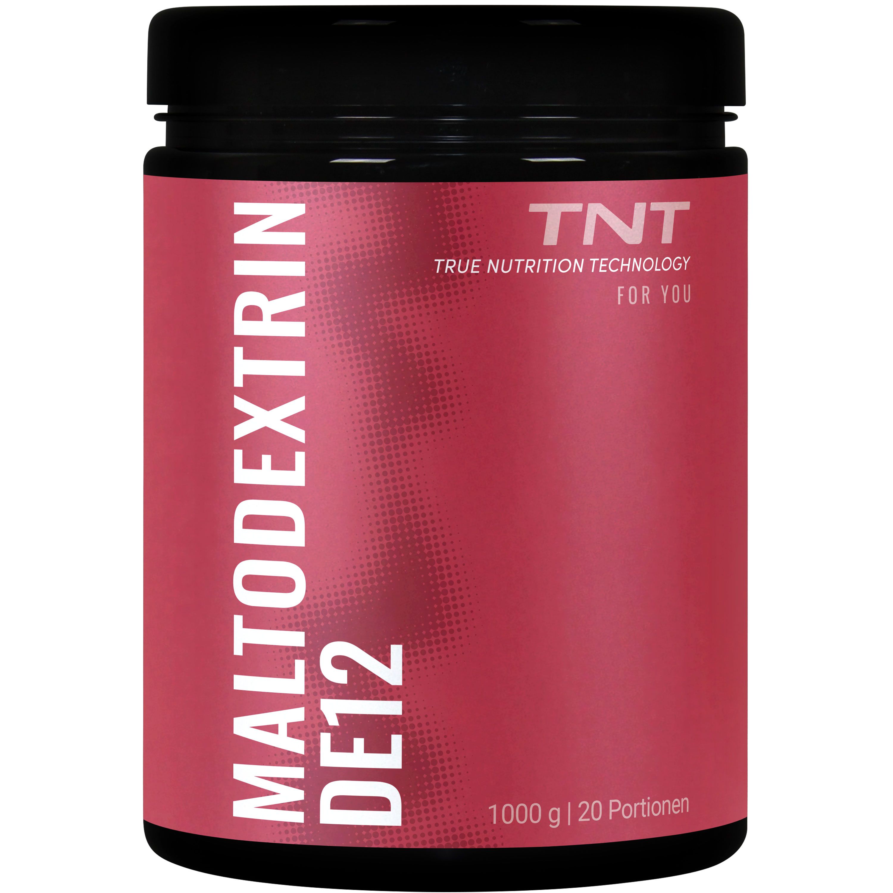 Schwarzes Gefäß mit rotem Etikett. Aufschrift: Maltodextrin DE12, TNT. 1000g | 20 Portionen.