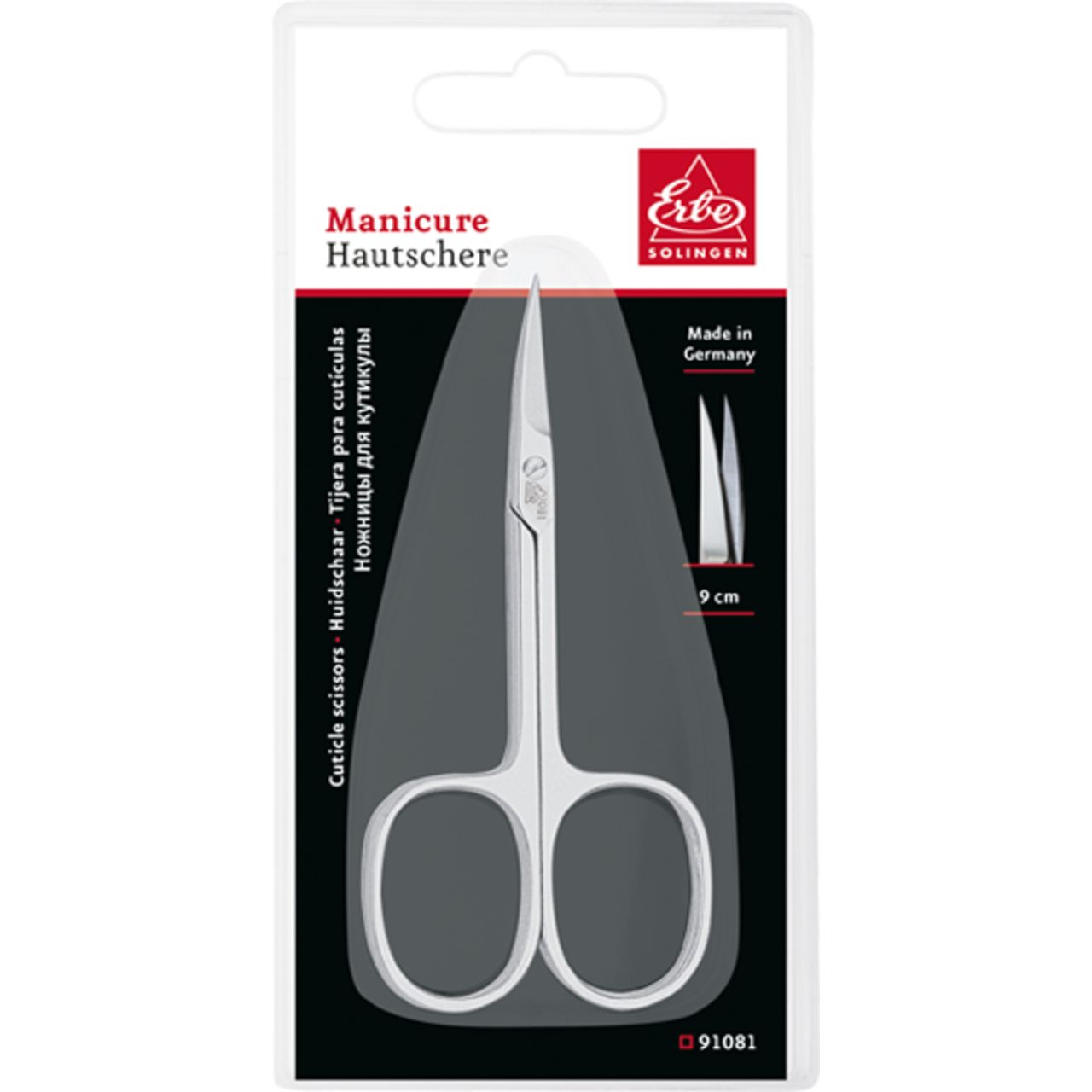 Hautschere von Erbe Solingen in Blisterverpackung, 9 cm lang, Made in Germany.
