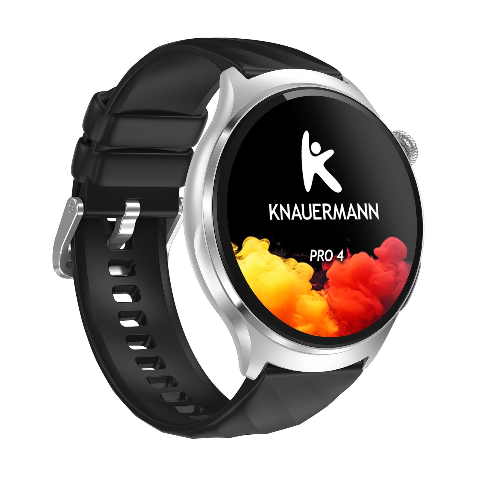 Smartwatch mit rundem Display. Silbernes Gehäuse, schwarzes Armband. Anzeige: Logo, "KNAUERMANN", "PRO 4". Farbiger Hintergrund.