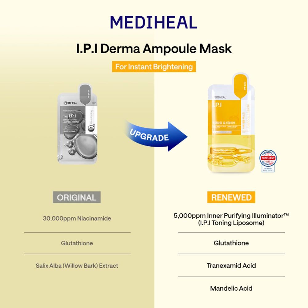 Vergleich von MEDIHEAL I.P.I Derma Ampoule Maske, Original und Renewed. Inhaltsstoffe und Zertifizierung sind sichtbar.