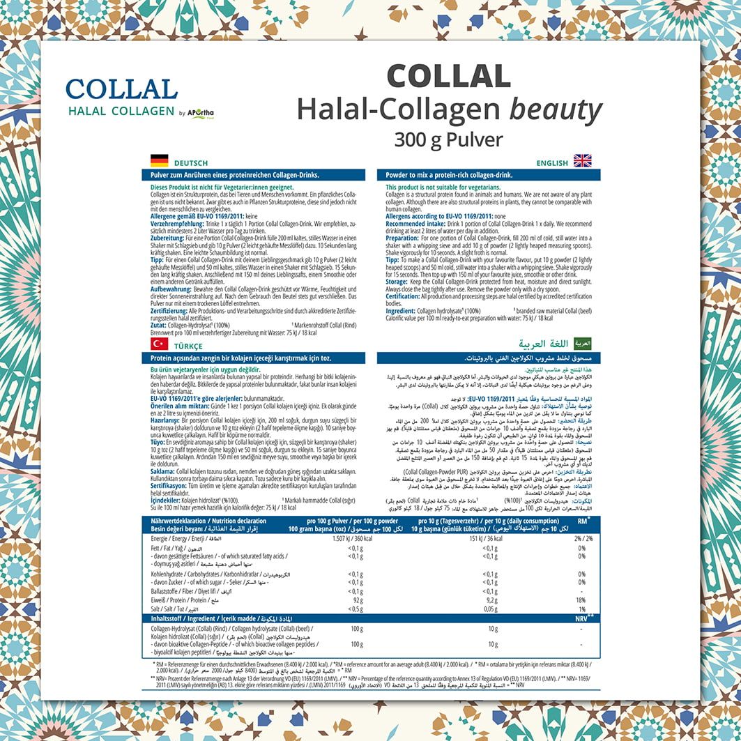 Collal Halal-Collagen beauty Pulver 300g. Produktfakten: 10g Kollagen-Peptide, HGC-zertifiziert, ohne Aromen, geschmacksneutral, recycelbare Verpackung.